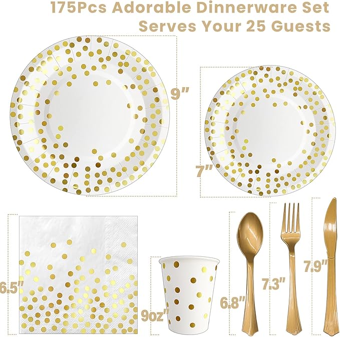 AIRE 175PCS White and Gold Paper Plates Party Supplies for 25 Guests Party Decorations Disposable Dinnerware Paper Plates Cups Napkins Gold Plastic Forks Knives Spoons for Wedding Birthday Graduation