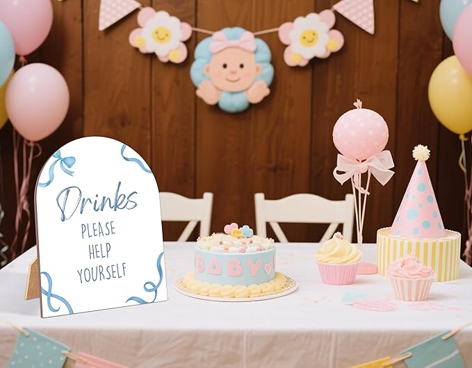 Blue Bow Drinks Please Help Yourself Sign for Baby Shower, 6x8 Inch Arch Wooden Sign with Stand, Blue Baby Shower Table Sign, Gender Neutral Party Decoration - QW10