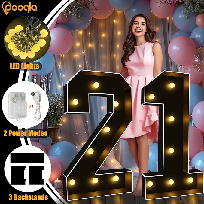 Pooqla 3FT Marquee Light Up Numbers, Black Lighted Party Decor for her him Women Men, Giant Mosaic Light Up Numbers for 8th 18th 80th Birthday Anniversary Decoration, Number 8