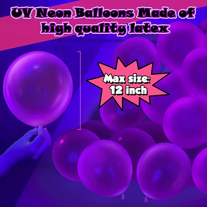 100 Pcs UV Neon Purple Balloons 12 inch Neon Party Supplies, Balloons, Glow in the Dark for Birthday, Graduation, Baby Shower,Wedding, Anniversary Valentines Party Decorations