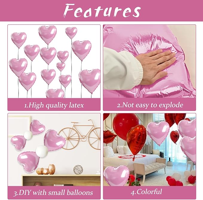 Biapian Pink Foil Heart Balloons, 10PCS Pink Heart Shape Balloons, Valentines Balloons 18inch Pink Love Foil Balloons for Helium Birthday Decorations for Valentines Day, Wedding Party, Anniversary