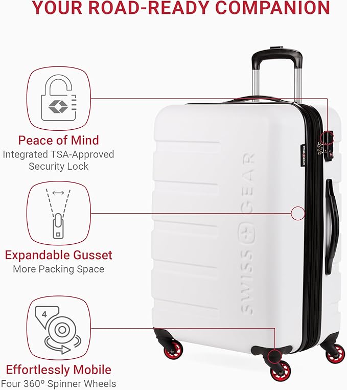 SwissGear 7366 Signature Hardside Expandable Luggage with Spinner Wheels, TSA Lock, White, Checked-Medium 23-Inch