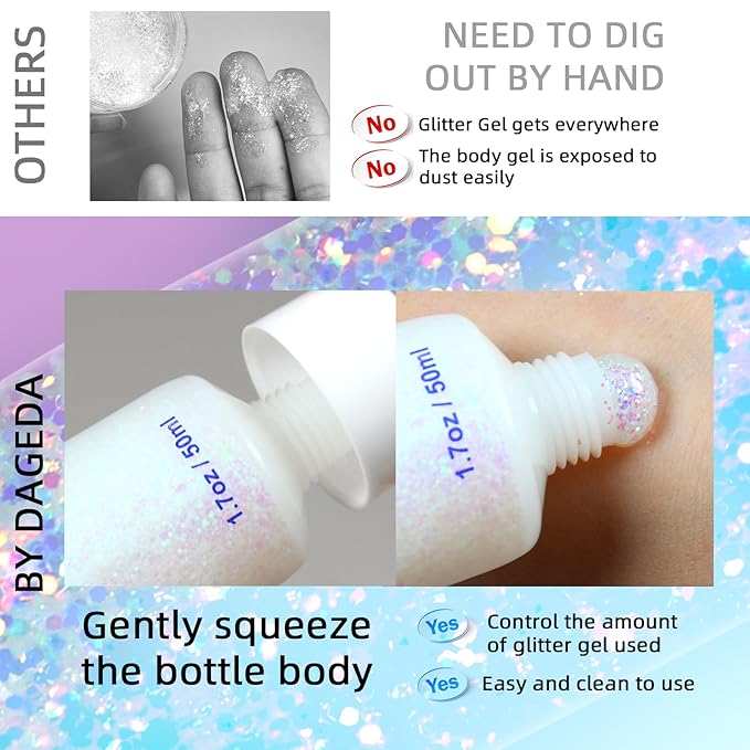 DAGEDA Body Glitter Gel, Holographic Face Glitters Body Gel Shimmer Liquid Eyeshadow, Color Changing Glitter for Face Hair Nails, Glitter Under Light Festival Glitter Makeup 1.7oz (Neno Pink)