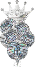 Holographic Mirror Disco Ball Set, 18-Inch Glass Tiles, Party Decoration with Silver Crown Balloon