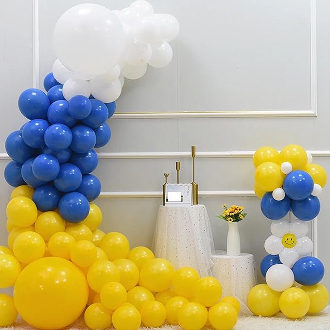 Blue and Yellow Balloons, 12Inch Royal Blue Yellow White Party Balloons Set Graduation Latex Helium Balloon Kit for Boys Birthday Baby Shower Wedding Engagement 2025 Grad Party Decorations
