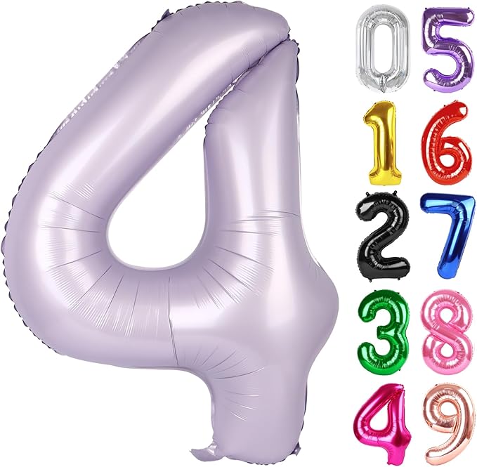 Lilac Number 4 Balloon 40 Inch, 4th Birthday Party Decorations for Children, Giant 4 Foil Balloon for Party Supplies