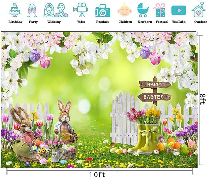 CYLYH 7x5FT Easter Backdrop Spring Flowers Grass Backdrop Colored Egg Rabbit Backdrop for Easter Party Decoration Baby Shower
