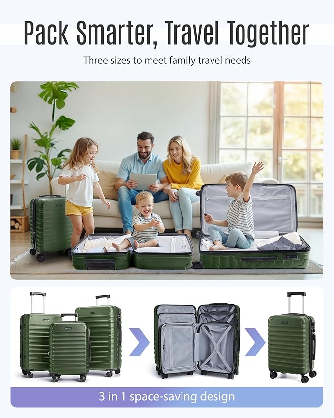 LIGHT FLIGHT Luggage Sets, 3 Piece Durable Suitcase Set with Spinner Wheels, 3 Pcs Hardside Lightweight luggage with TSA Lock, Large Checked Travel Suitcases, 20/24/28 Inch, Pine Green