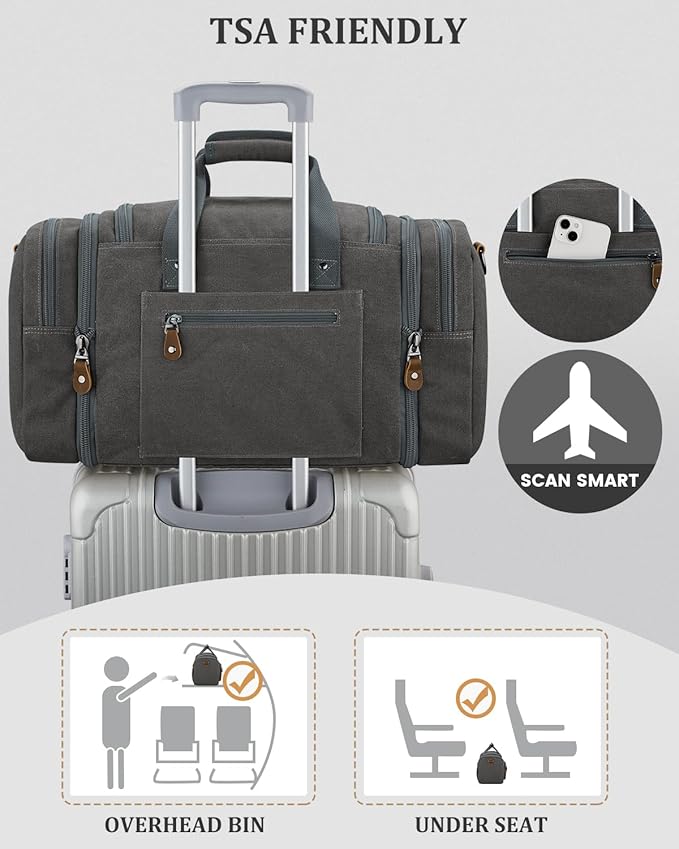 Gonex Canvas Duffle Bag for Travel, Expandable Water Resistant 50L Carry on Duffel Overnight Weekender Gym Bag with Wet Dry Separation Pocket & Suitcase Handle Sleeve, Grey