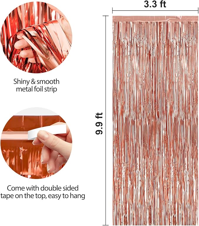 Crosize 4 Pack 3.3 x 9.9 ft Rose Gold Foil Fringe Backdrop Curtain, Streamer Backdrop Curtains, Streamers Birthday Party Decorations, Tinsel Curtain for Parties, Photo Booth Backdrops, Party Décor