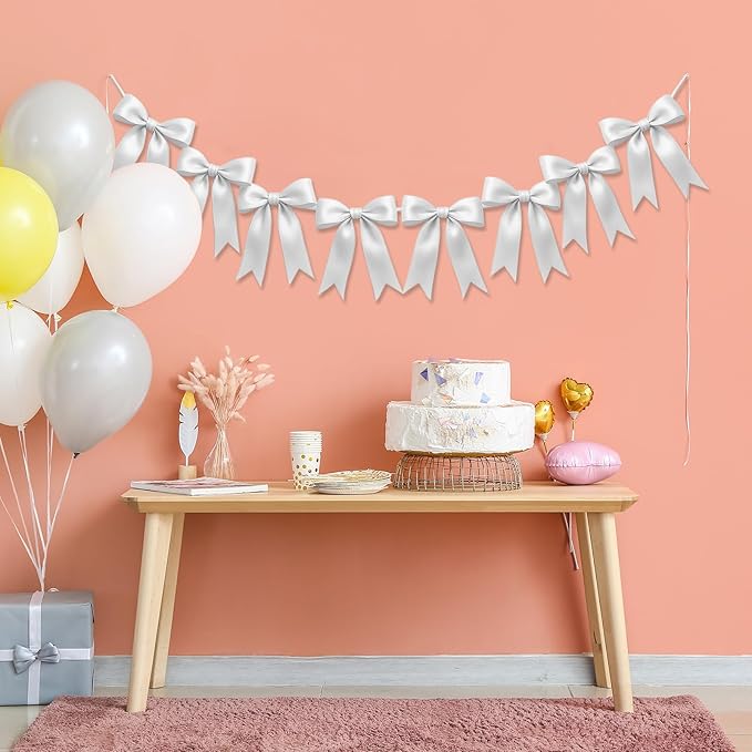 1 String of 8PCS White Bow Garland Banner Decoration,Pre-Strung Satin Ribbon Ornaments for Birthday,Bachelorette Party,Bridal Shower,Wedding, Engagement,Baby Shower,Graduation Decor,Anniversary