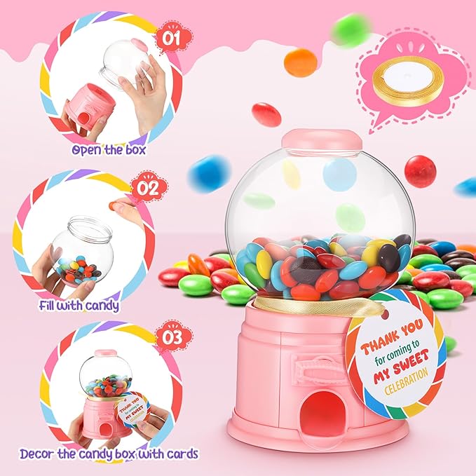 16 Set Candy Theme Party Favors with 5 Inch Mini Candy Dispenser Thank You Cards Plastic Gumball Machines for Birthday Party Supplies Sweet Celebration Decorations