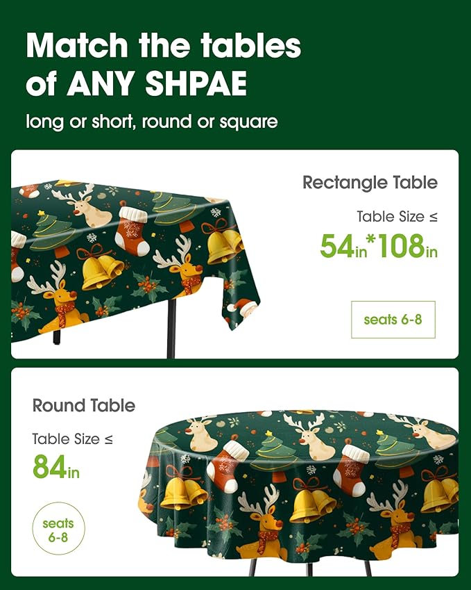 Pureegg Plastic Table Cloth Disposable 8 Pack, 54 x 108 Inch Rectangle Tablecloths, Sturdy Leakproof Plastic Covers for Party, Picnic, Wedding, Winter & Xmas Decoration, Christmas Green