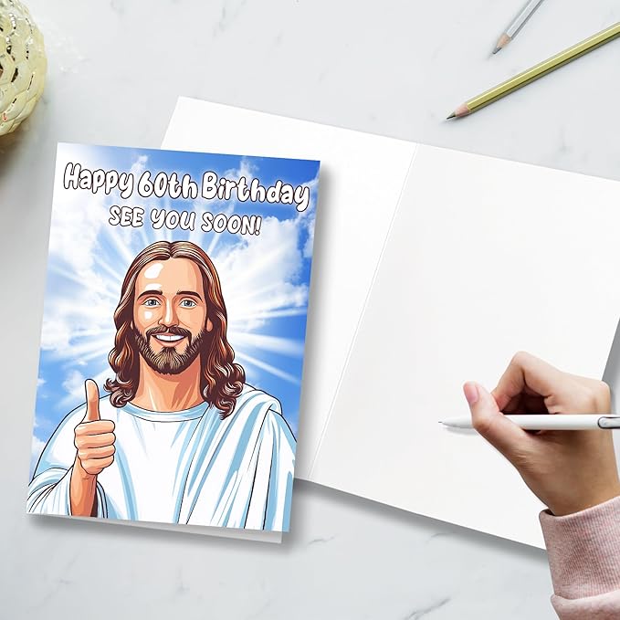 Happy 60th Birthday Funny Jesus Card – Hilarious Dark Humor Greeting for Elderly Men or Women, Funny 60th Birthday Cards for Women or Men