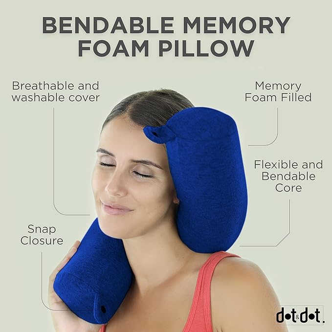 Dot&Dot Twist Memory Foam Travel Pillow for Airplanes - Travel Neck Pillow for Sleeping - Airplane Pillow for Neck Support - Adjustable, Bendable Neck Roll Pillow (Sapphire, One Size)