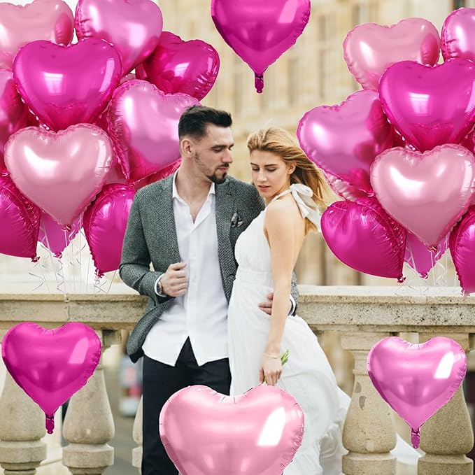 Pastel Pink Heart Balloons, 10 Pcs Hot Pink Heart Shaped Balloon, 18 Inch Light Pink Rose Red Foil Balloons Helium for Girls Women Princess Brithday Bridal Baby Shower Valentines Party Decorations