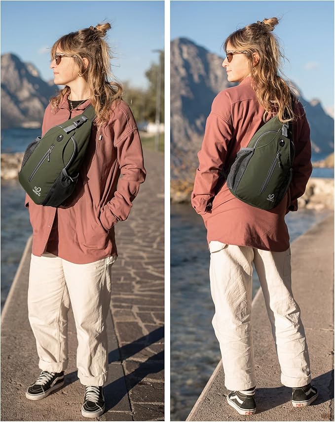 WATERFLY Crossbody Sling Backpack Sling Bag Travel Hiking Chest Bags Daypack (Dark Green)
