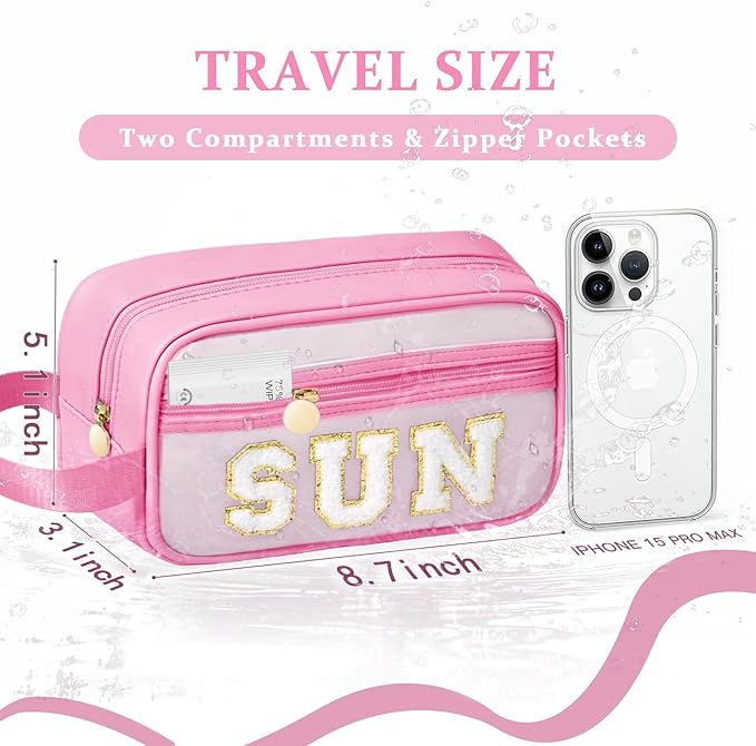 COSHAYSOO Clear Sunscreen Bag Makeup Toiletries Pouch Beach Vacation Essentials Summer Travel Stuff Accessories Personalized Graduation Gifts for Her Women College Teen Girls Teacher Nurse Pink SUN