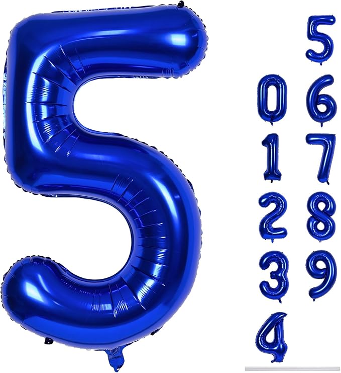 Navy Blue 5 Balloons, 40" Giant Helium Foil Number 0-9 Dark Blue Birthday Balloon for Boys, Self Inflating Digit 5 Balloons for Men Anniversary New Year Party Decorations Supplies