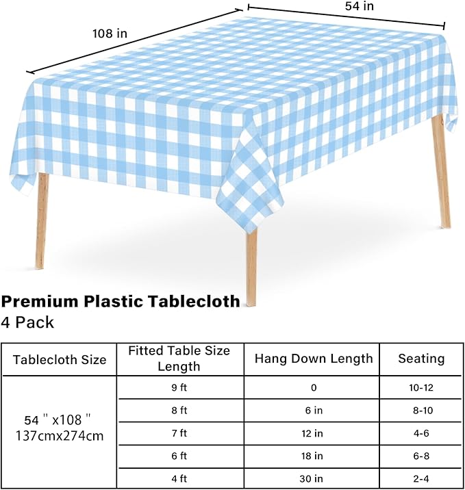 4 Pcs Light Blue Checkered Tablecloth 54 ×108 Inches Rectangle Blue Gingham Tablecloth Disposable Plastic Waterproof Table Cover for Outdoor Picnic, Kitchen, Holiday Birthday Party