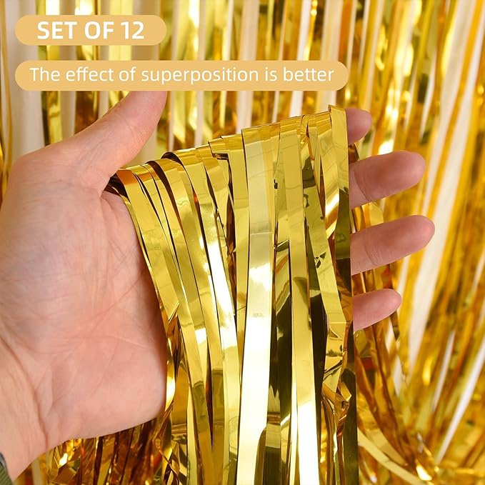 12 Pack Gold Foil Curtain Backdrop 3.2ft x 6.6ft Metallic Tinsel Fringe Backdrop Curtains Streamer Photo Booth Backdrop for Birthday Engagement Bachelorette Christmas Holiday Party Decorations