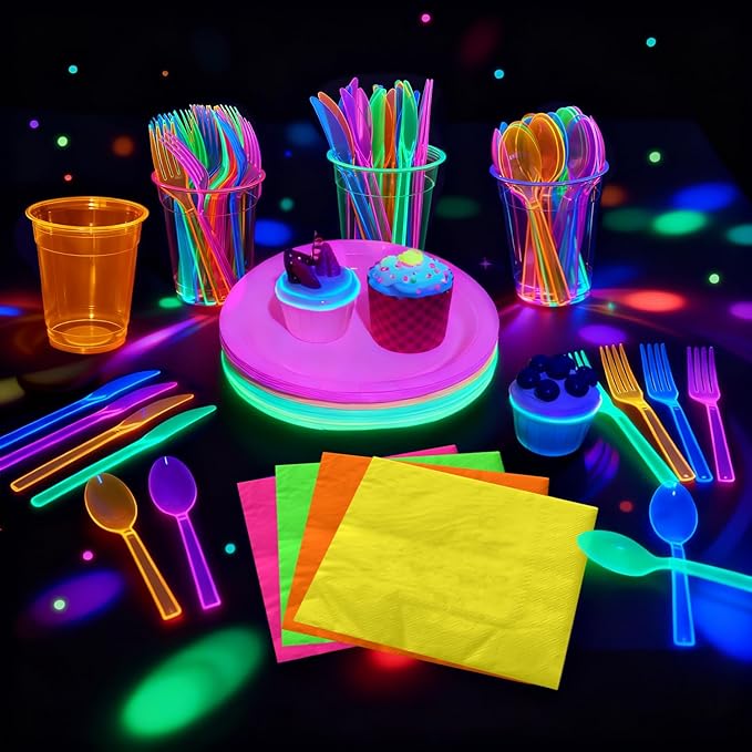 Glow in the Dark Party Supplies, Including Colorful Plates Napkins Tablecloth Happy Birthday Banner with UV Black Light Reactive and Dinnerware for Neon Themed Birthday Party, Serves 20