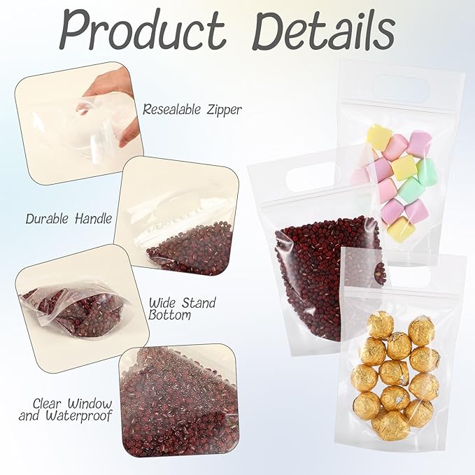 Sinload 60 Pcs Plastic Gift Bag Bulk 5.5 x 8.7 Inch Resealable Party Goodie Bag with Clear Window Color Favor Pouch with Handle for Home Birthday Wedding Party Candy Gift Wrap(Transparent)