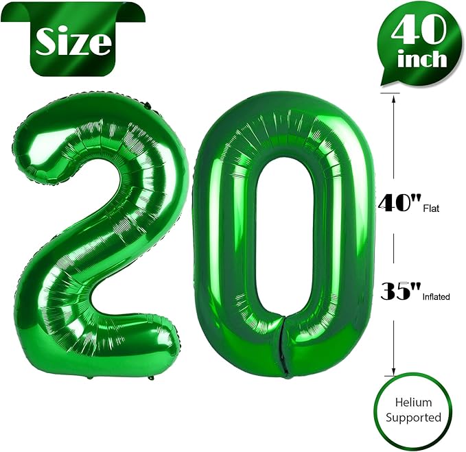 Green Number 20 Balloon 40 inch, 20 Number Balloons, 20th Green Birthday Decorations, 20 Year Old Girls Boys Party Supplies, St. Patrick's Day Games Theme Birthday Decorations