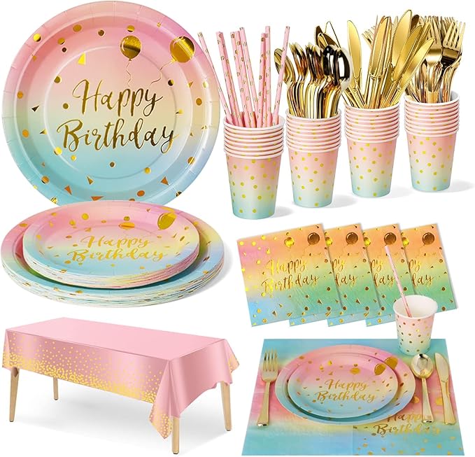 Birthday Party Tableware, 161 Pieces Rainbow gold Party Supplies, Party Dinnerware Sets Include Paper Plates Napkins Cups Silverware, for Shower Engagement Parties Decoration -20 Serves