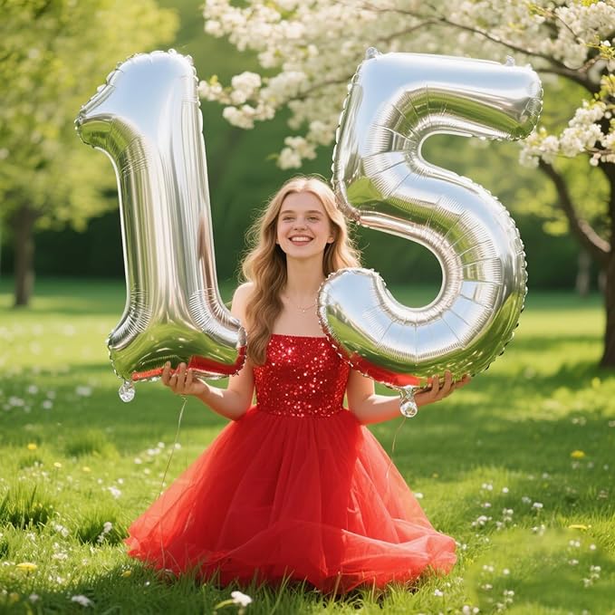 40 Inch Silver Number 15 Digital Balloon,Jumbo Mylar Foil Helium Balloon for 15 Balloons for Birthday Party,Wedding Anniversary Party Decorations
