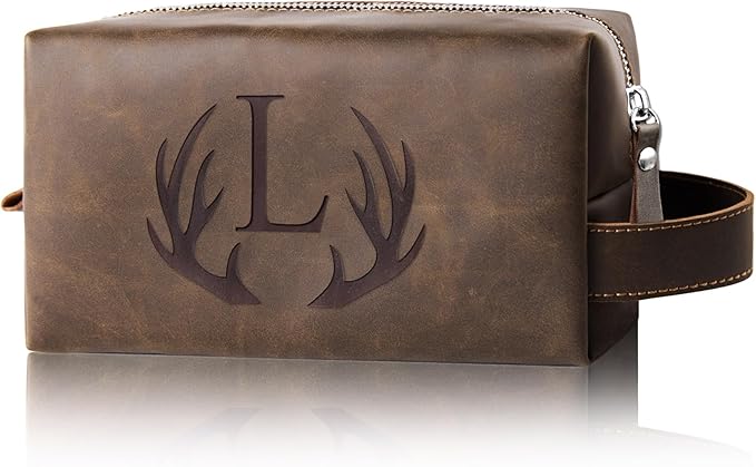 Personalized Travel Toiletry Bag for Men Initial Letter PU Leather Waterproof Shaving Bag for Toiletries Accessories Travel Essentials Storage Bags Fathers Day Birthday Gifts for Men (L)