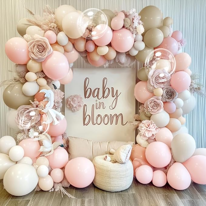 Pink White Sand Balloon Garland Double Stuffed Pastel Pink Cream Beige Balloon Arch Kit Boho Light Blush Nude Balloons for Baby in Bloom Baby Shower Women Birthday Wedding Party Decor