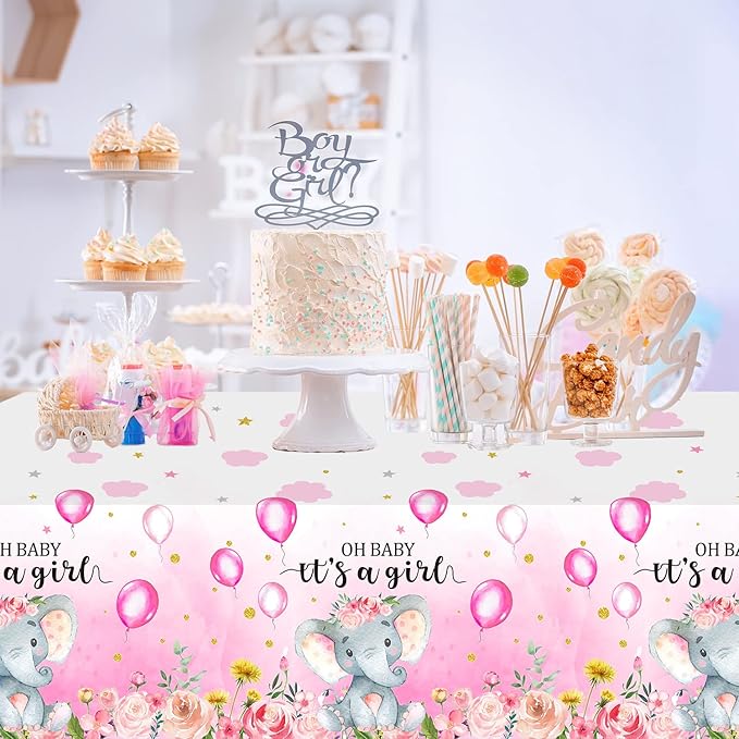 6 Pack Elephant Baby Shower Decorations - Plastic Tablecloth Table Cover Backdrop for Boy Girl Gender Party Supplies, 54 x 108 Inch, Pink