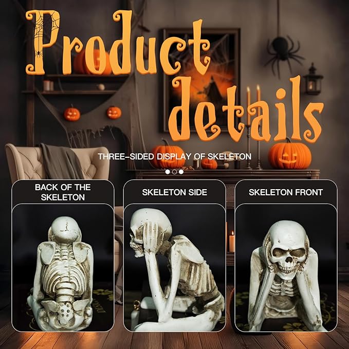 Halloween Skeleton Statues Set of 3 – See No Evil, Hear No Evil, Speak No Evil, Resin Skull Figurines for Gothic Home Decorations, Shelf Mantel Decor, Tabletop Halloween Decor Indoor (3-Piece Set)