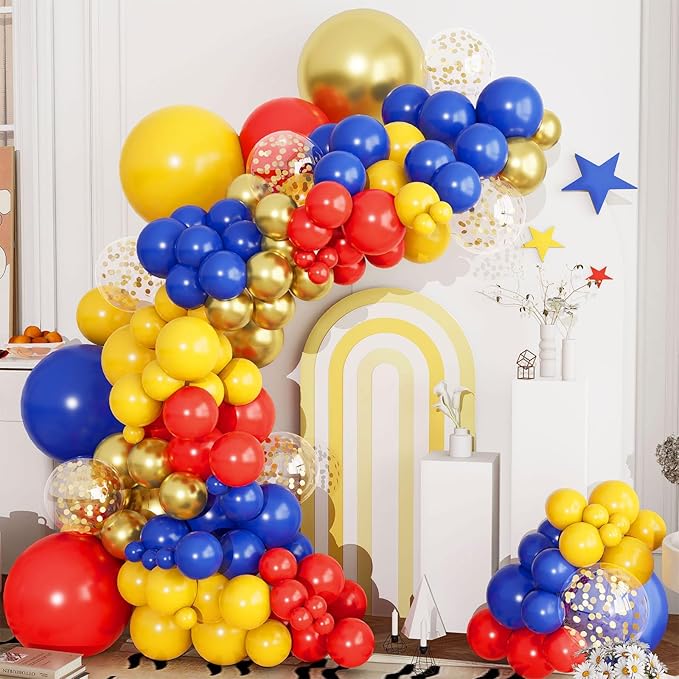 Red Blue Yellow and Gold Balloons Arch Kit 144pcs Carnival Circus Balloon Garland with Confetti Latex Balloons for Baby Shower Wedding Birthday Video Game Cartoon Theme Party Decorations