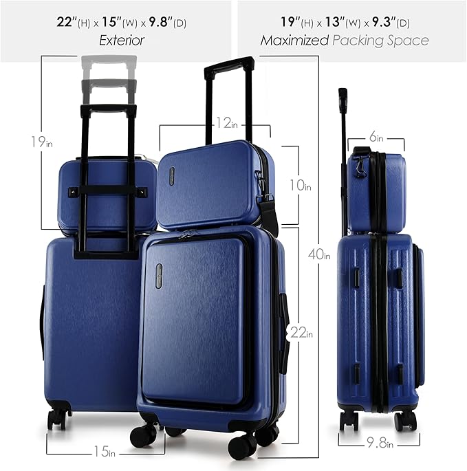 TRAVELARIM 20 Inch Carry On Luggage 22x14x9 Airline Approved, Carry On Suitcase with Wheels, Hard-shell Carry-on Luggage, Durable Luggage Carry-On, Navy Small Suitcase with Cosmetic Case