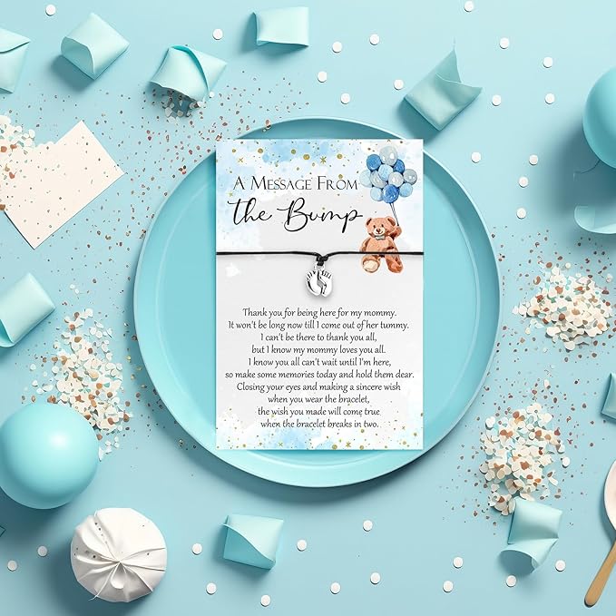 Thyle 50 Set Blue Bear Baby Shower Favors for Guests Adjustable Bracelets with Message from the Bump Card Footprints Charm Baby Shower Bracelets for Gender Reveal Thank You Gifts