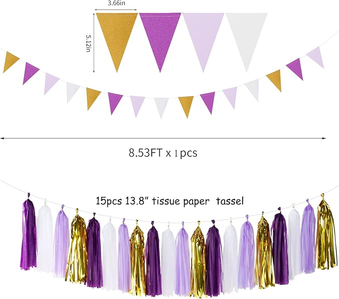 Purple Gold Graduation Decorations - 30pcs Kits Lavender White Paper Flowers,Banner Flags,Tassel Streamer Garland Engagement Girl Baby Bridal Shower Party Decoration Lasting Surprise