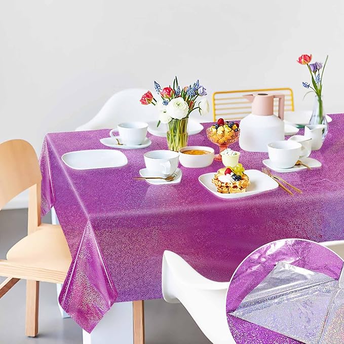 2 Pack Hot Pink Iridescent Plastic Tablecloth Disposable 54 × 108 Inch Glitter Holographic Foil Table Cloth Plastic Laser Rectangle Table Cover for Birthday Wedding Disco Party