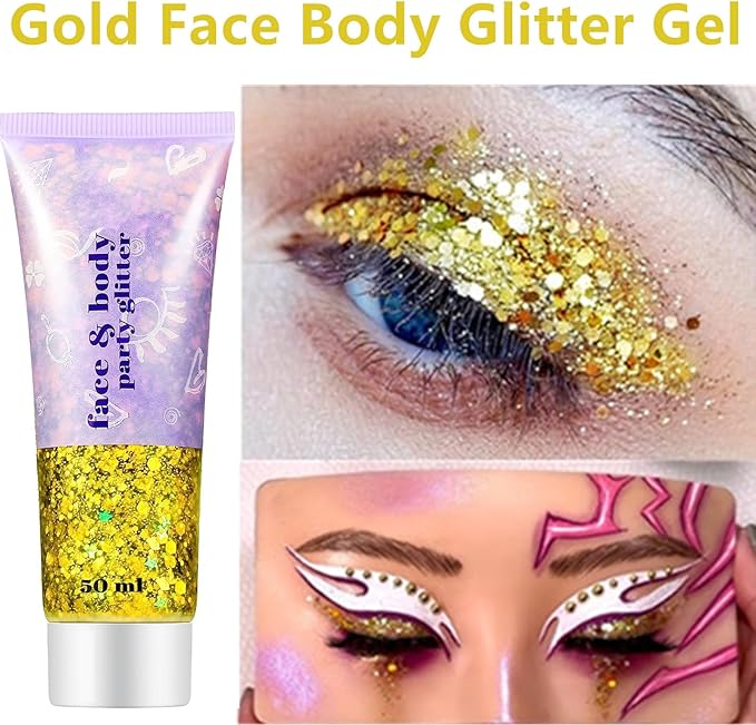 Go Ho White Silver and Gold Face Body Glitter Gel,Holographic Long Lasting Chunky Sequins Glitter Makeup for Singer Concerts,Parties,Performances,Stages,Festival Rave Accessories