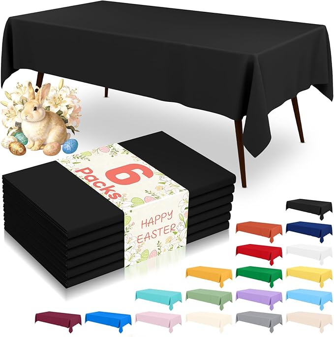 misaya 6 Packs Disposable Plastic Table Cloth, 54 x 72 Inch Waterproof Rectangle Tablecloth, Leakproof & Sturdy Decorative Table Covers for Easter, Picnic, Party and Outdoor, Black