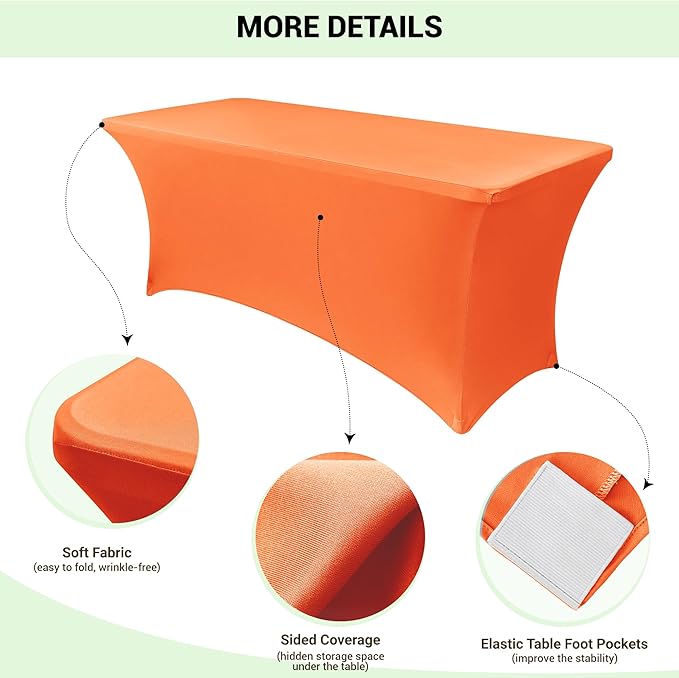Obstal 8Ft Stretch Spandex Table Cover for Standard Folding Tables - 2 Pack Universal Rectangular Fitted Tablecloth for Party, Banquet, Events, Trade Show (Orange, 96L x 30W x 30H Inches)