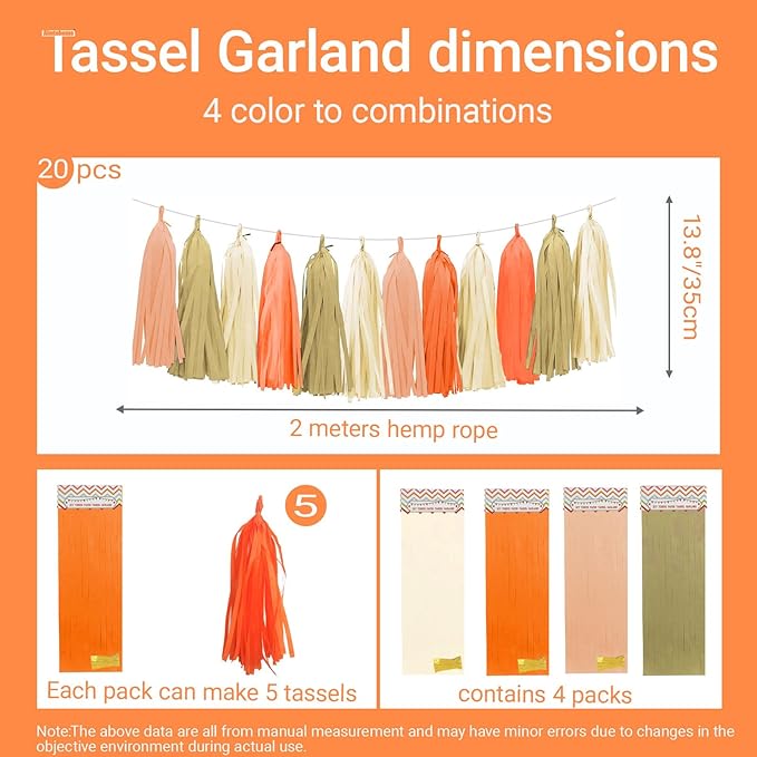 Tissue Paper Tassel Garland Banner, 20 Pack, Pink Orange Ivory Brown, Boho Party Decorations for Birthday, Baby Shower,Bridal