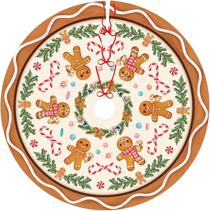 Candy Gingerbread Man Christmas Tree Skirt Xmas Tree Mat Halloween Thanksgiving Christmas Tree Ornaments Decorations Holiday Party Indoor Outdoor 36"