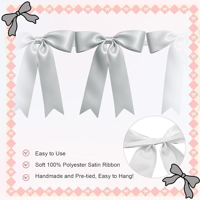 1 String of 8PCS Silver Bow Garland Banner Decoration,Pre-Strung Satin Ribbon Ornaments for Birthday,Bachelorette Party,Bridal Shower,Wedding,Engagement,Baby Shower,Graduation Decor,Anniversary
