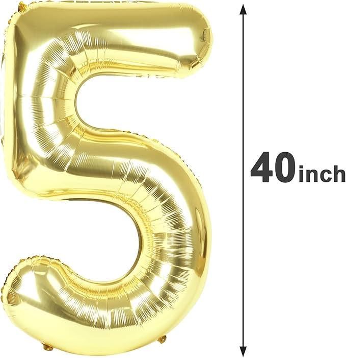 Light Gold 40 Inch Large Number 5 Birthday Balloon, Five 5th 15 25 35 50 55 Birthday Celebration Decorations, Champagne Gold Foil 5 Mylar Helium Balloons Girl Boy Anniversary Party Supplies