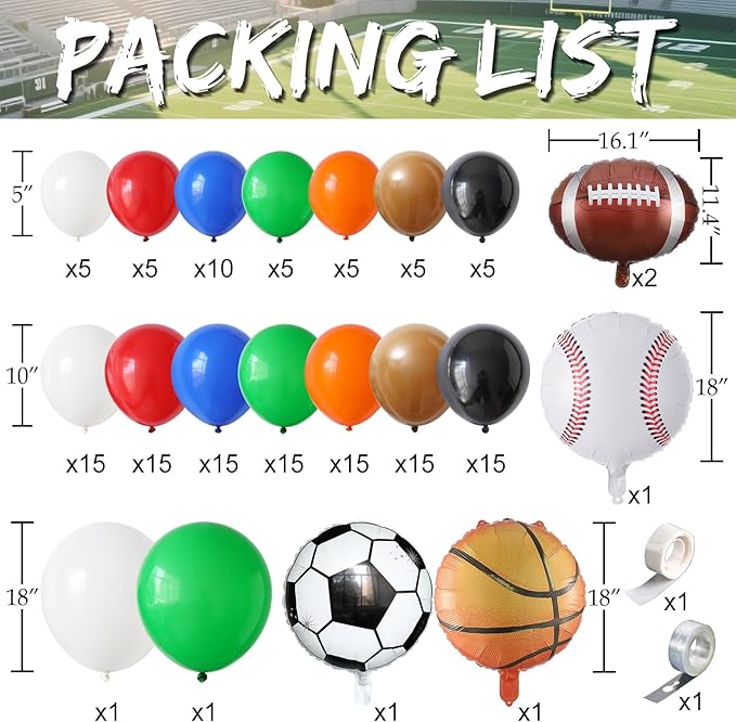 Sports Balloon Arch Kit,154Pcs Colorful Balloon Garland with Football,Basketball,Soccer,Baseball Foil Balloons for Ball Games Day Theme Baby Shower Rugby All Sports Birthday Party Decorations