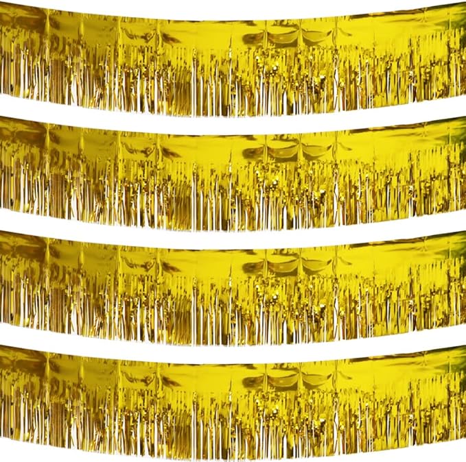 4 Pack Gold Total 40 Feet Foil Fringe Garland Metallic Tinsel Banner Wall Hanging Drapes Parade Float Skirting Decorations for Trailer Mardi Gras Party Birthday Wedding Baby Shower