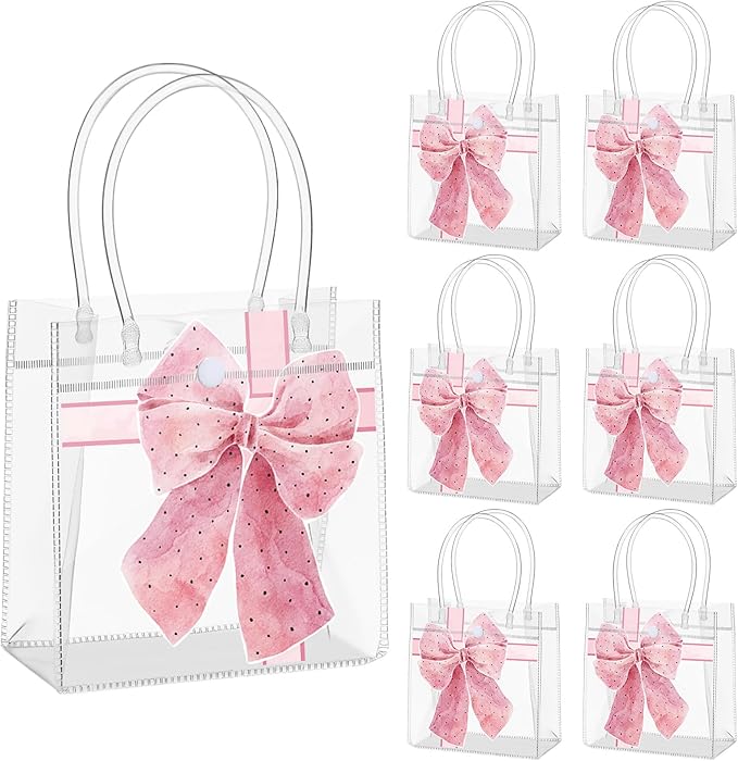12 Pcs Pink Bow Clear PVC Gift Bag with Handle, 5. 91 x 6. 3 x 2. 76 Inches Pink Coquette Bowknot Tote Bag for Bachelorette Bridal Baby Shower Wedding Birthday Party Favor