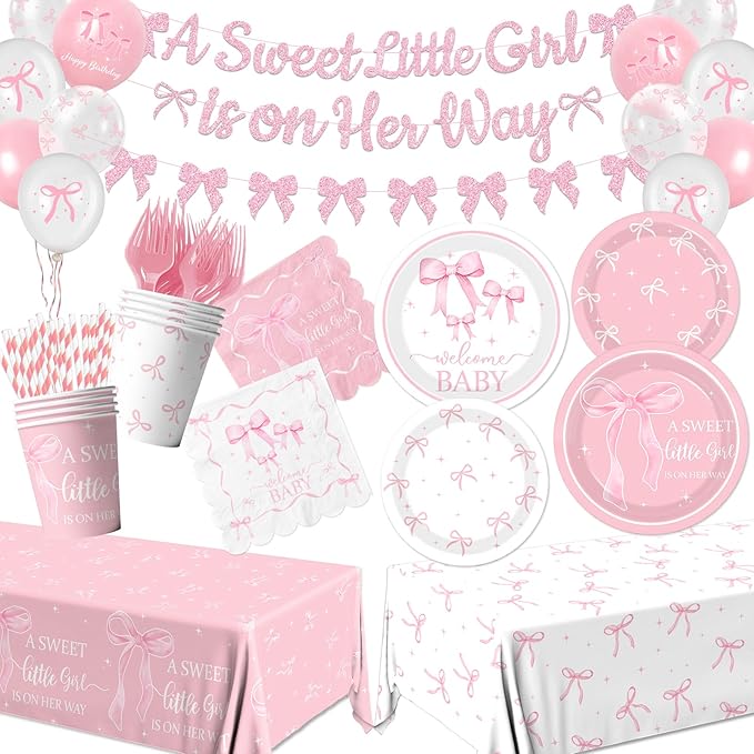 Pink Bow Baby Shower Decorations for Girl - Bow Party Tableware Include Plates,Napkins,Banner A Sweet Little Girl is on Her Way Decorations for Welcome Baby Girl,Bow Coquette Birthday Party Serve 25
